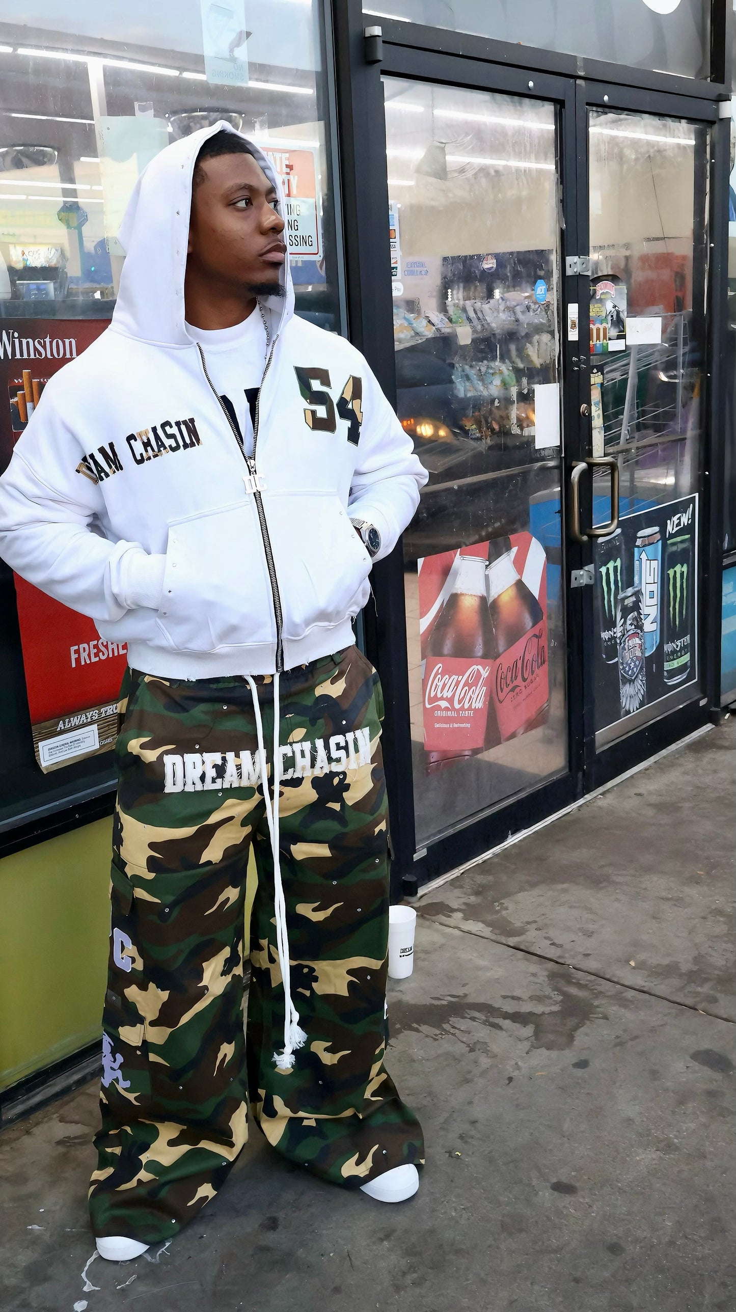 DC zip up hoodie white/ camo cropped