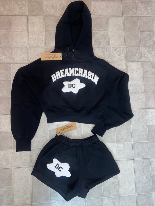 BLACK CROP HOODIE SHORT SET( WITH STAR ON HOODIE)